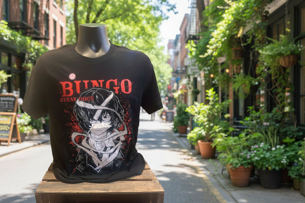 Black t-shirt with graphic design and 'Bingo' text on a wooden surface