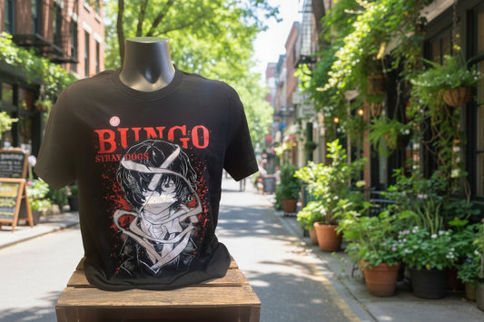 Black t-shirt with graphic design and 'Bingo' text on a wooden surface